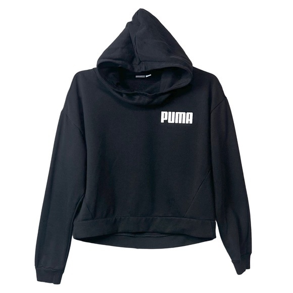 Puma Essentials Black White Logo Crop Relaxed Cowl Neck Over Hoodie Women’s Sz L - Picture 1 of 3